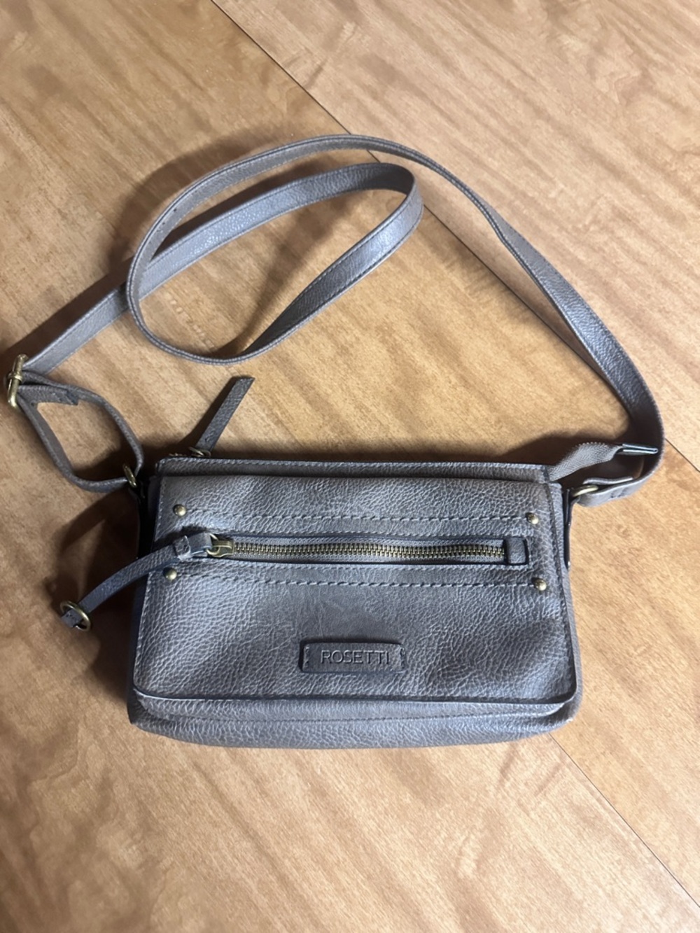 Rosetti Gray Pebbled Crossbody Bag with Front Zip Pocket